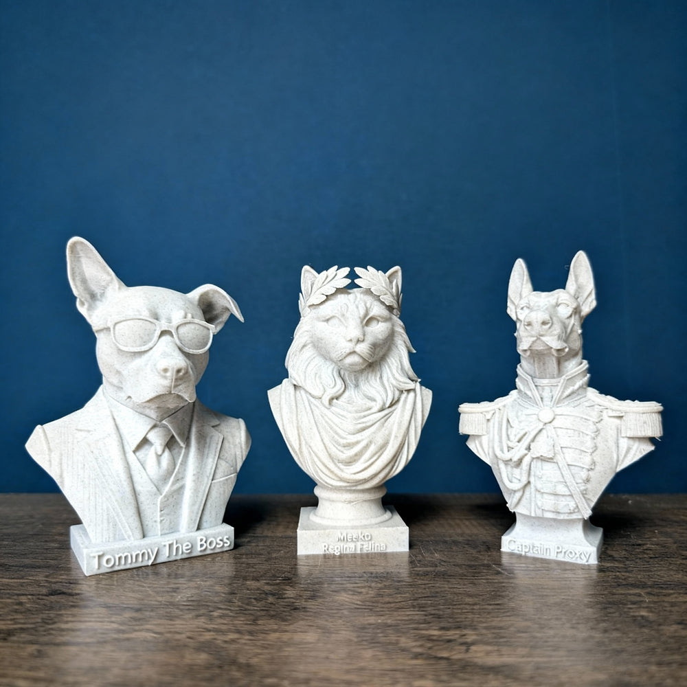 Marble-look Custom Pet Bust from photo with hand-finished memorial portrait detail