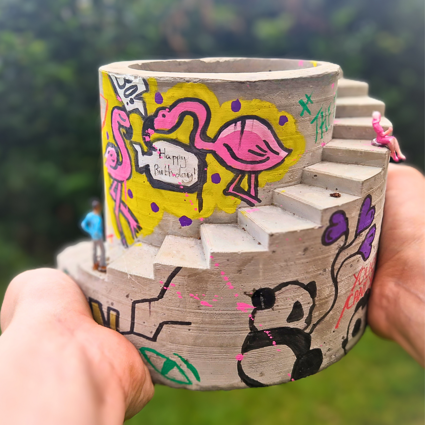 Statement Graffiti Planter Large - Personalised Art Pot - Miniature People Included - Stairs Desk Accessory - Street Art Birthday Gift