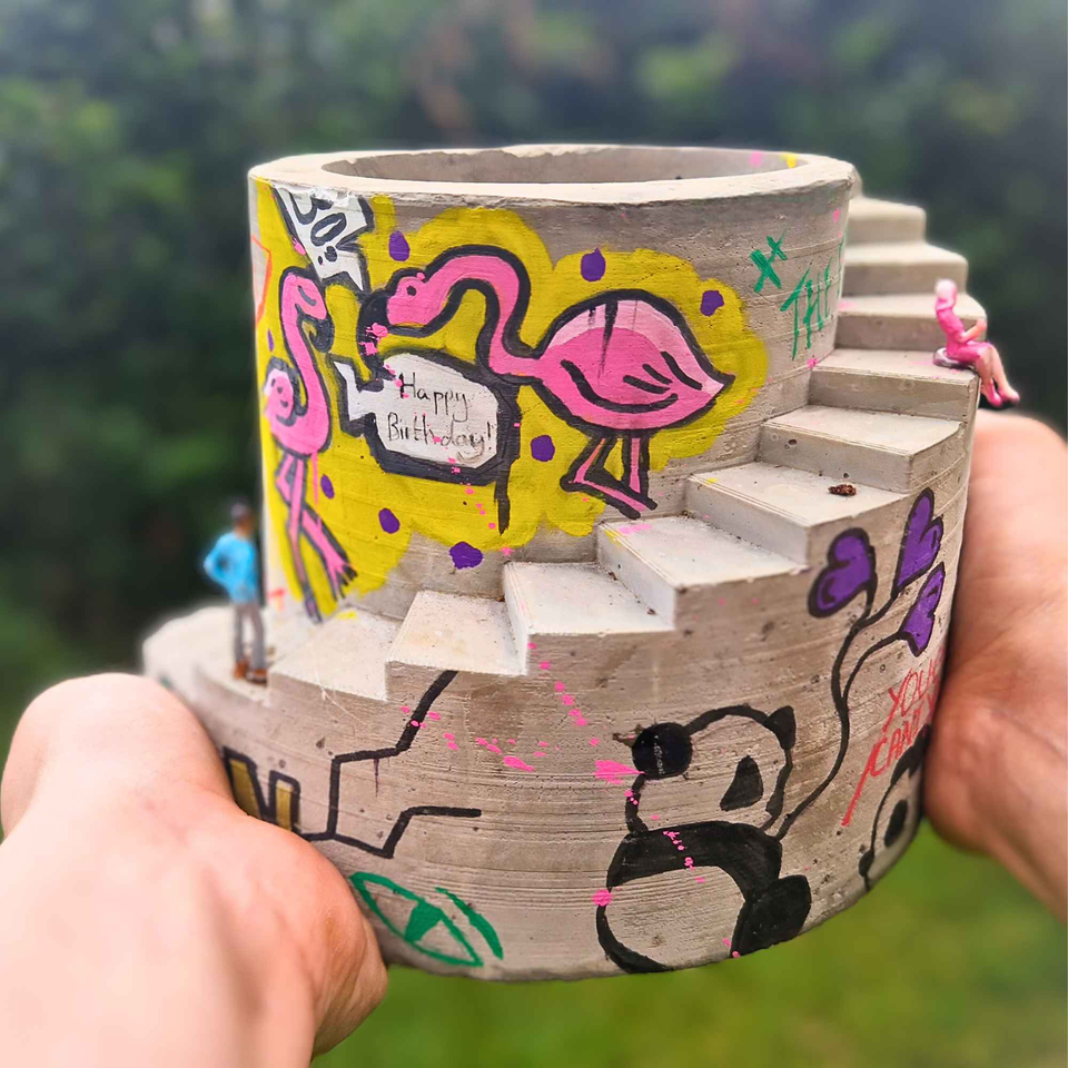 Statement Graffiti Planter - Unique Home Decor for Urban Aesthetics styled in home setting