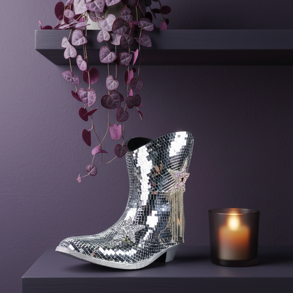 Empty mirror-tile cowboy boot planter on a shelf beside a candle and trailing plant