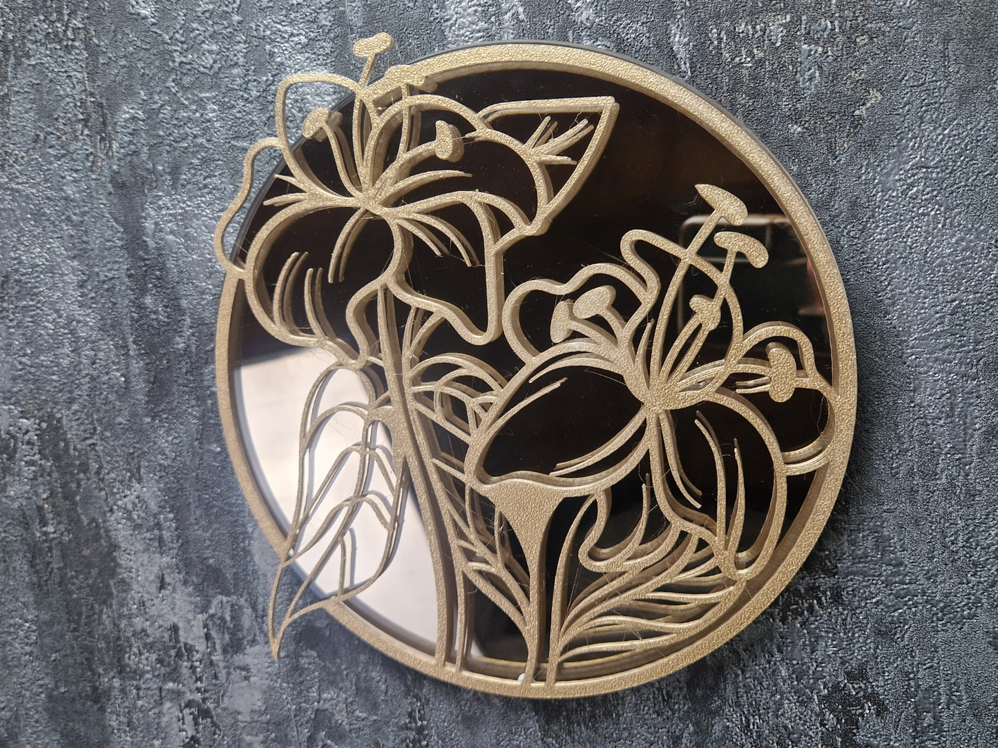 Gold Floral Round Mirror, Unique Wall Decor, Concrete Mirror with Flower Patterns, Modern Home Decor