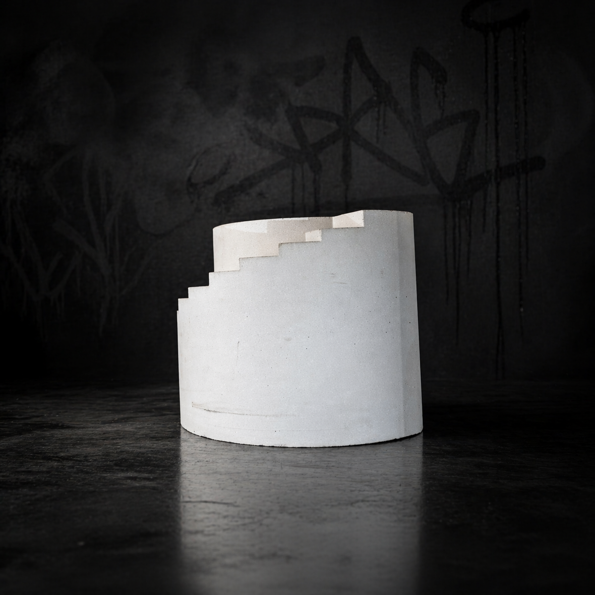 Stairwell cast stone planter rear studio view