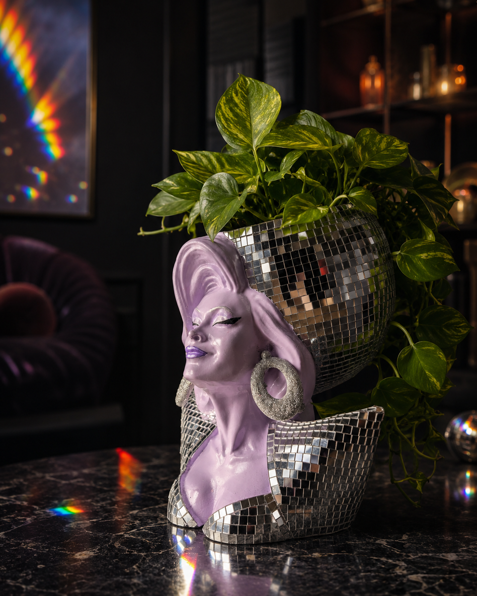 Side lifestyle view of Mother Mirrorball with green houseplant