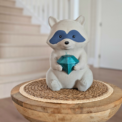 Raccoon Garden Statue | Hand Painted Cast Stone Ornament | Gem Detail