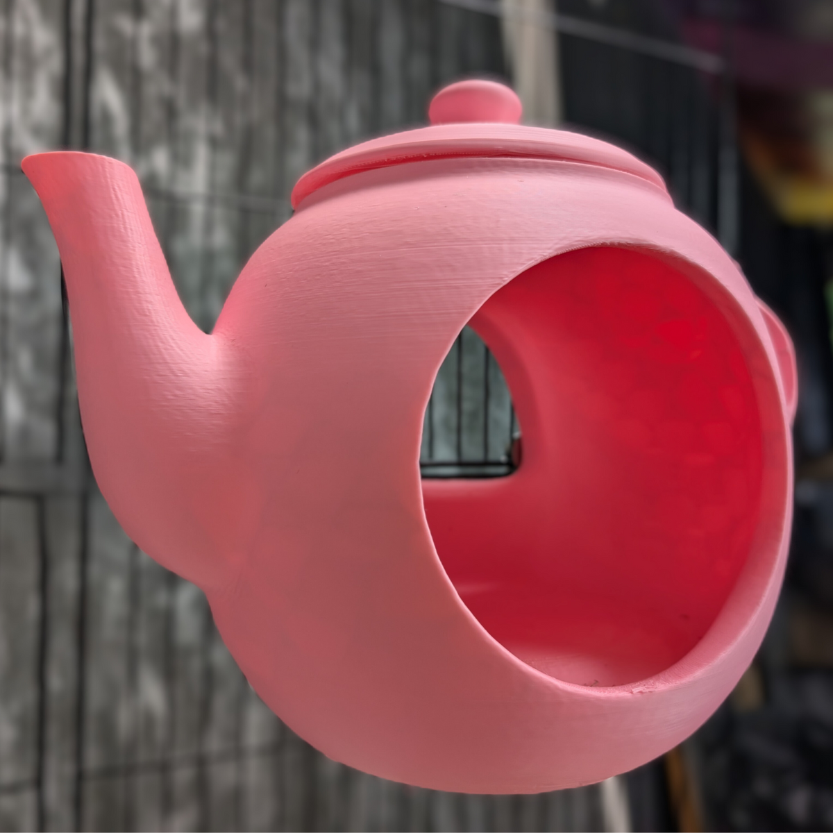 Teapot Rat Hide, Two Teacup Shelves or Full Set: close view of the empty round teapot entrance