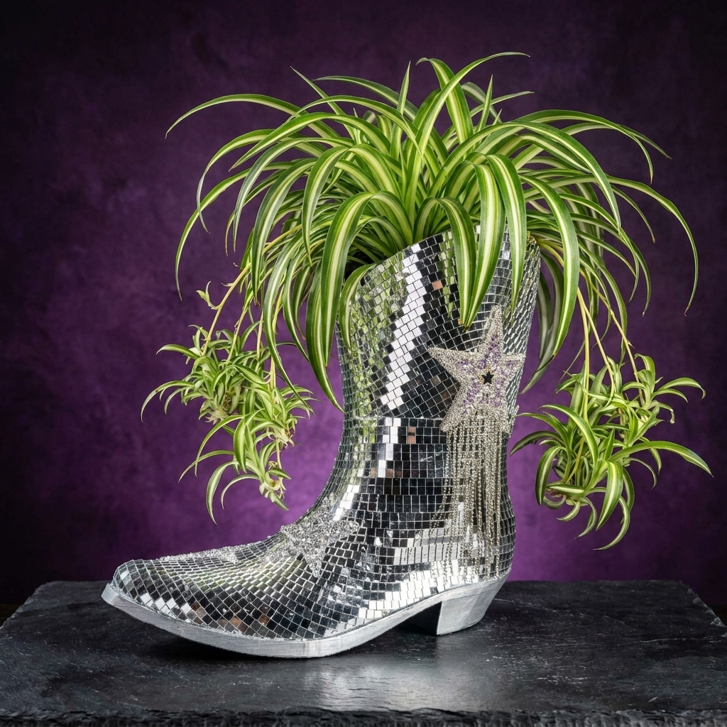 Mirror-tile cowboy boot planter overflowing with spider plant and trailing foliage