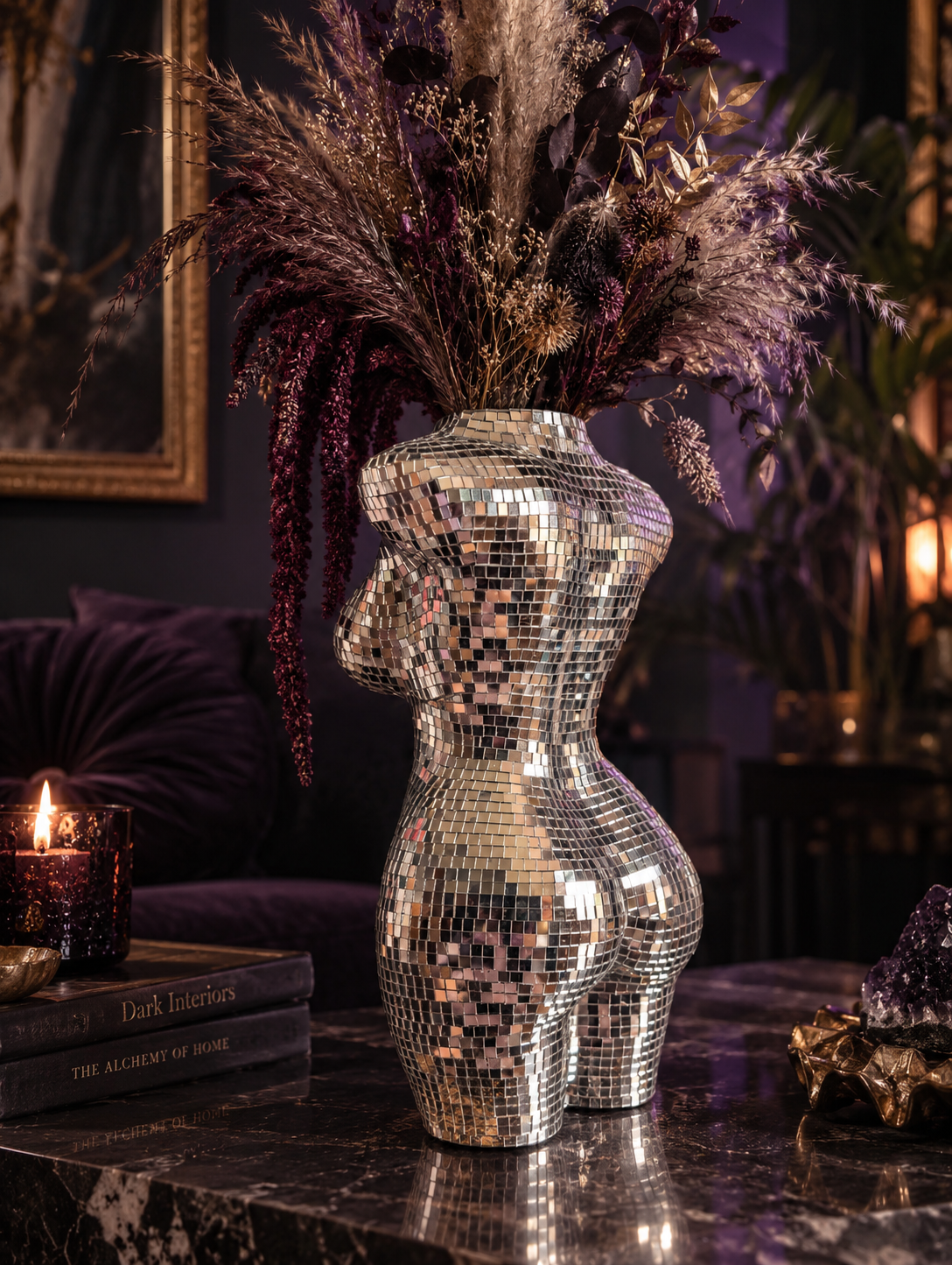 Large Glam Goddess vase styled with dried flowers; flowers and accessories not included