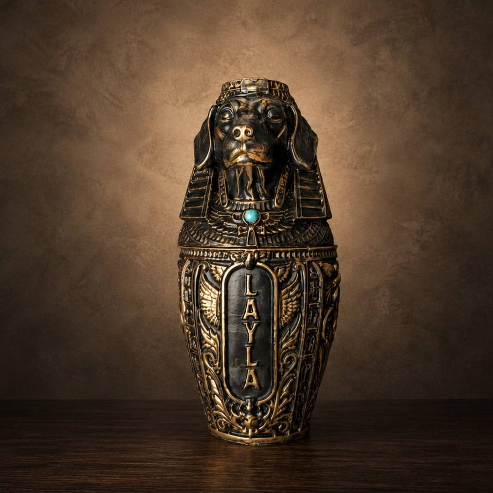 Personalised cast stone canopic pet urn with dog head lid and name panel