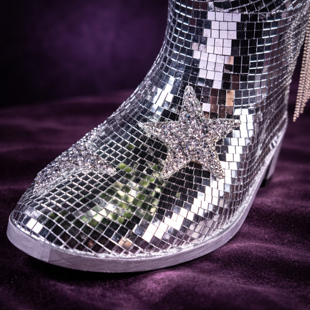 Close-up of the rhinestone star, chain fringe and mirror tiles on the cowboy boot toe