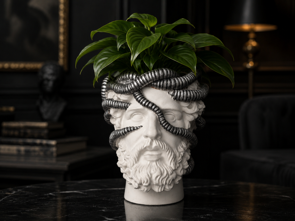 Moody room view of Aristotle.exe classical bust planter with green plant