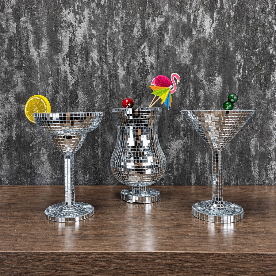 Silver mirror martini, margarita and Pina Colada glasses together