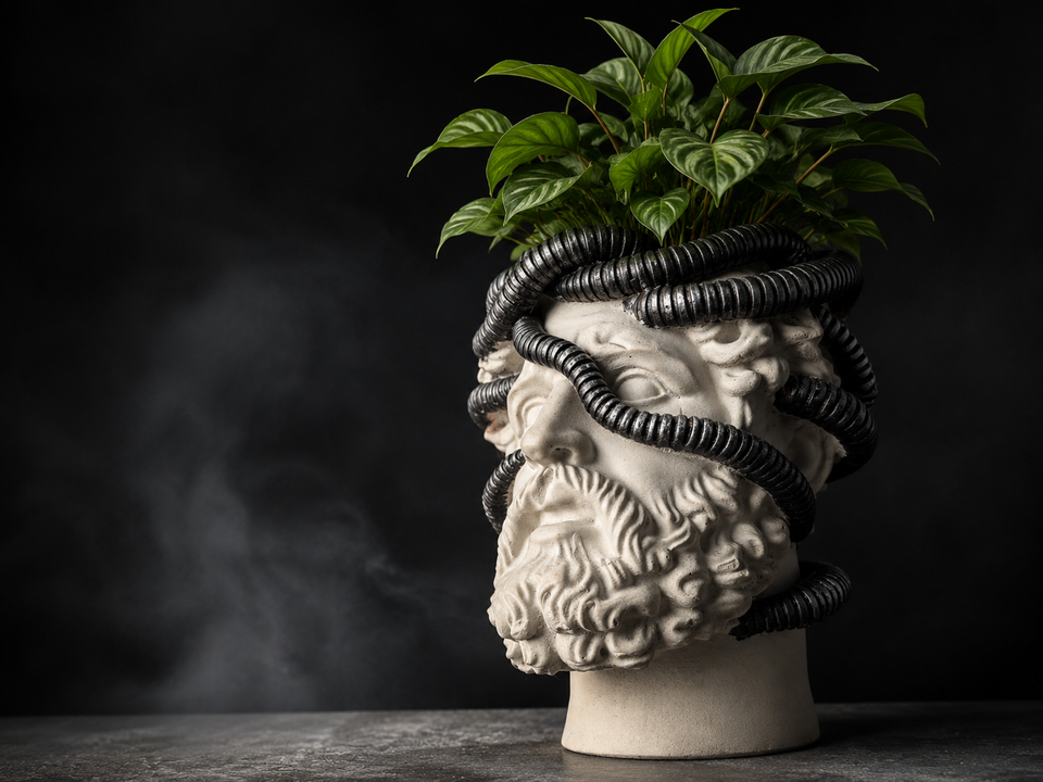 Aristotle.exe classical bust planter styled with a green houseplant