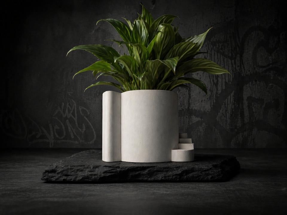 Stairwell cast stone planter with leafy planted arrangement