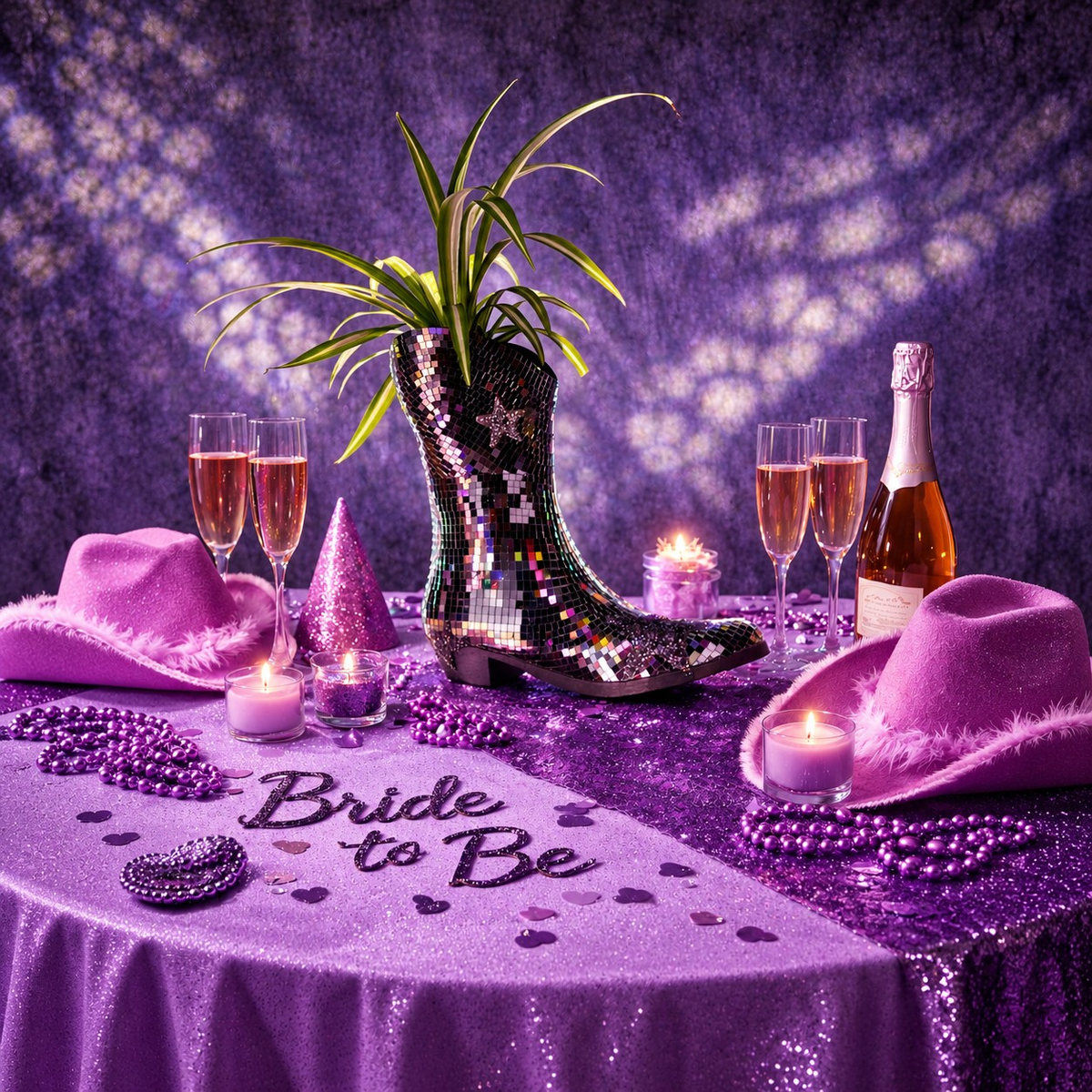 Disco cowboy boot planter with spider plant styled on a purple bride-to-be table