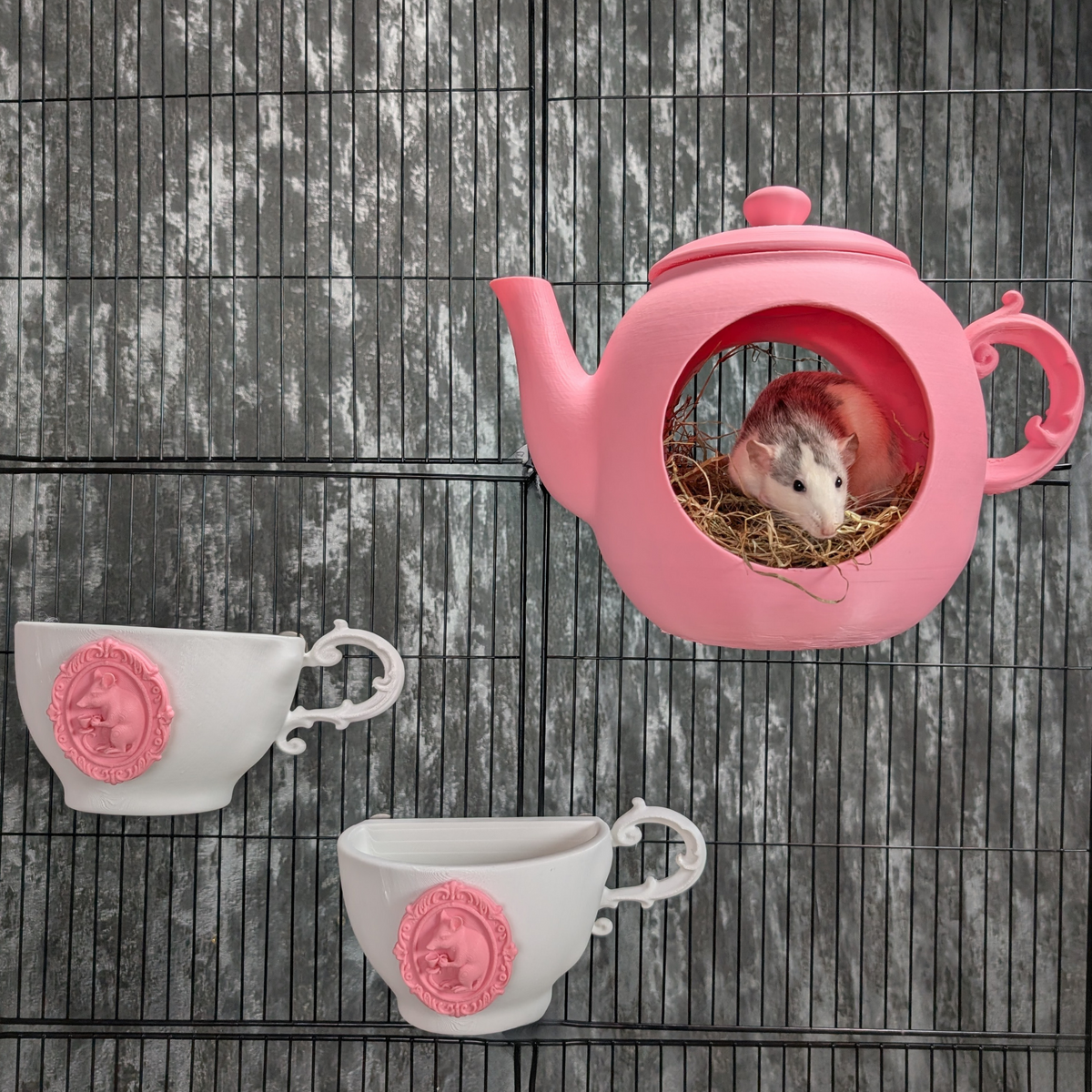 Teapot Rat Hide, Two Teacup Shelves or Full Set: teapot hide and two teacup shelves on cage bars