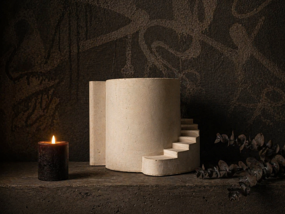 Stairwell cast stone planter lifestyle shelf scene