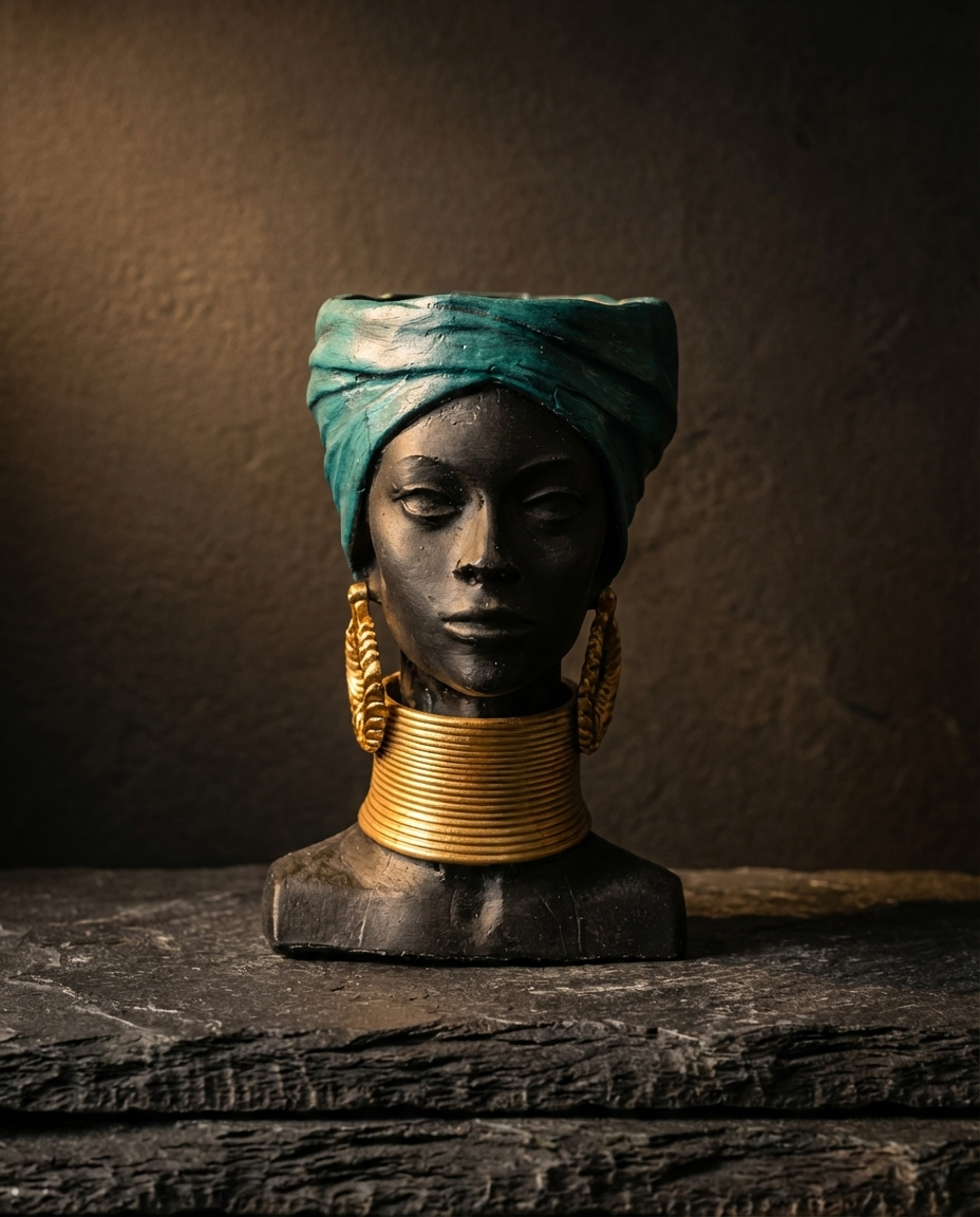 Golden Grace African Woman Head Planter - Studio front