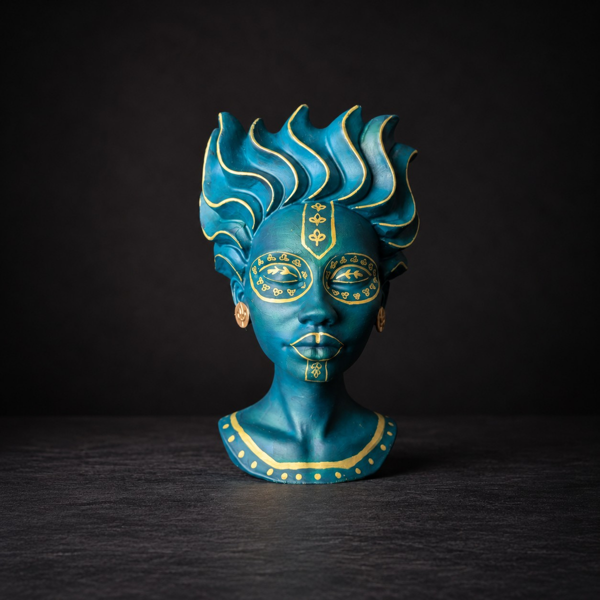 African head planter front view in teal and gold