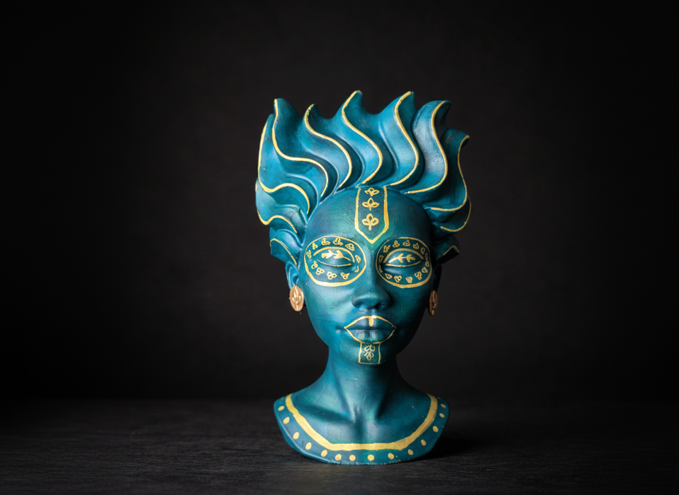 African head planter front view in teal and gold