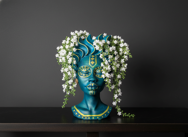 Teal face plant pot with gold wave crown
