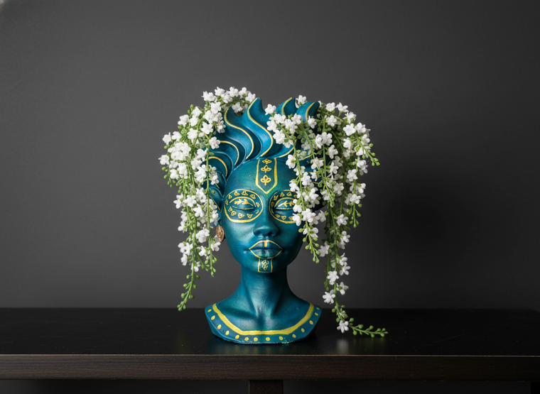 Teal face plant pot with gold wave crown