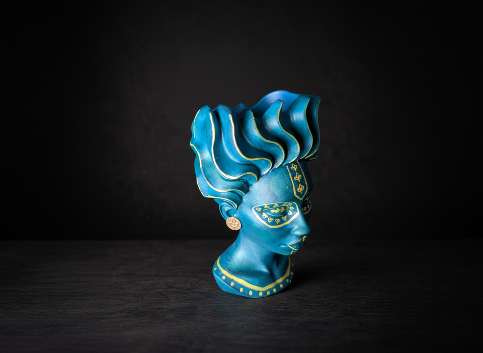 Teal African head planter with gold detail