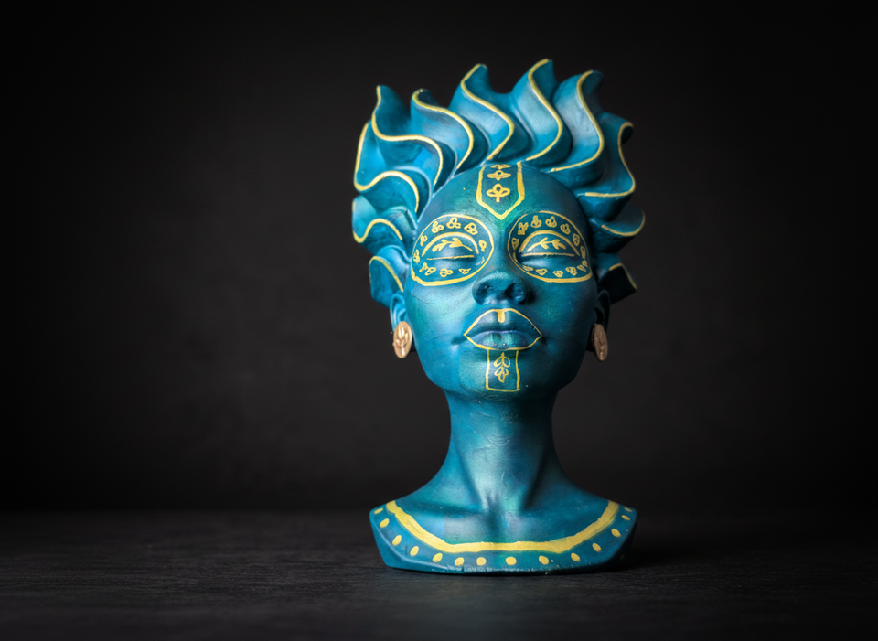 Teal and gold bust planter detail