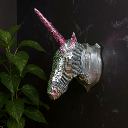 Disco Unicorn Head Wall Art hero view with mirror tile unicorn head