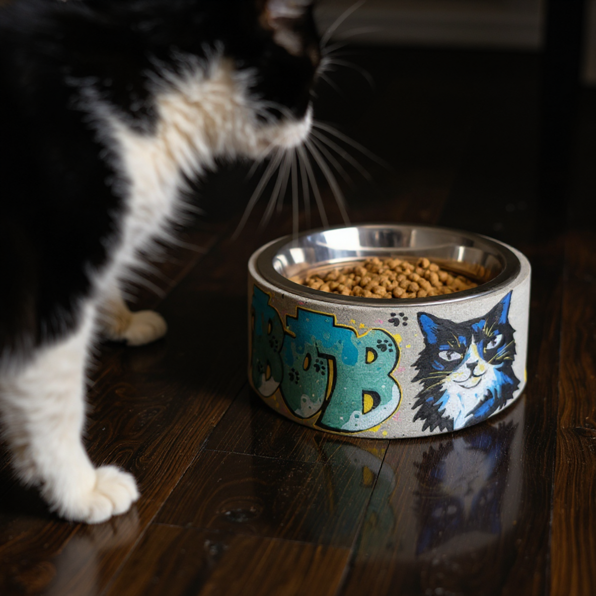 Personalized Graffiti Pet Bowl size comparison for reference