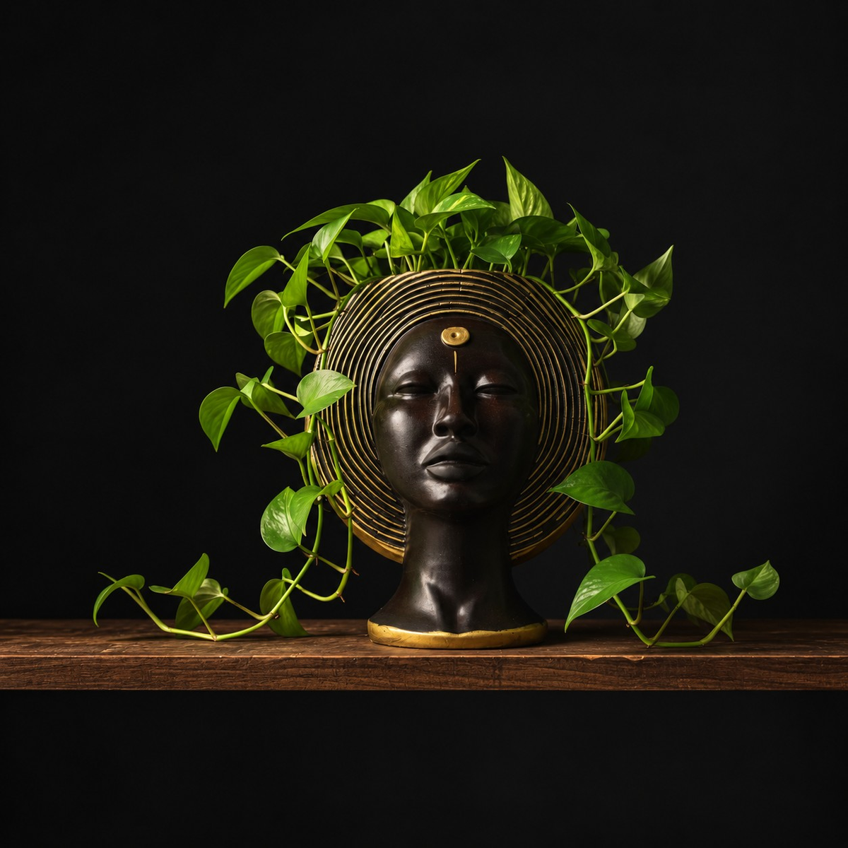 Gold face plant pot styled with greenery