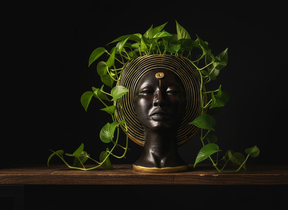 Gold face plant pot styled with greenery