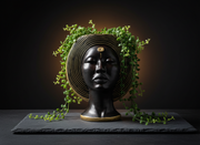 Art Deco face plant pot with gold crown and greenery