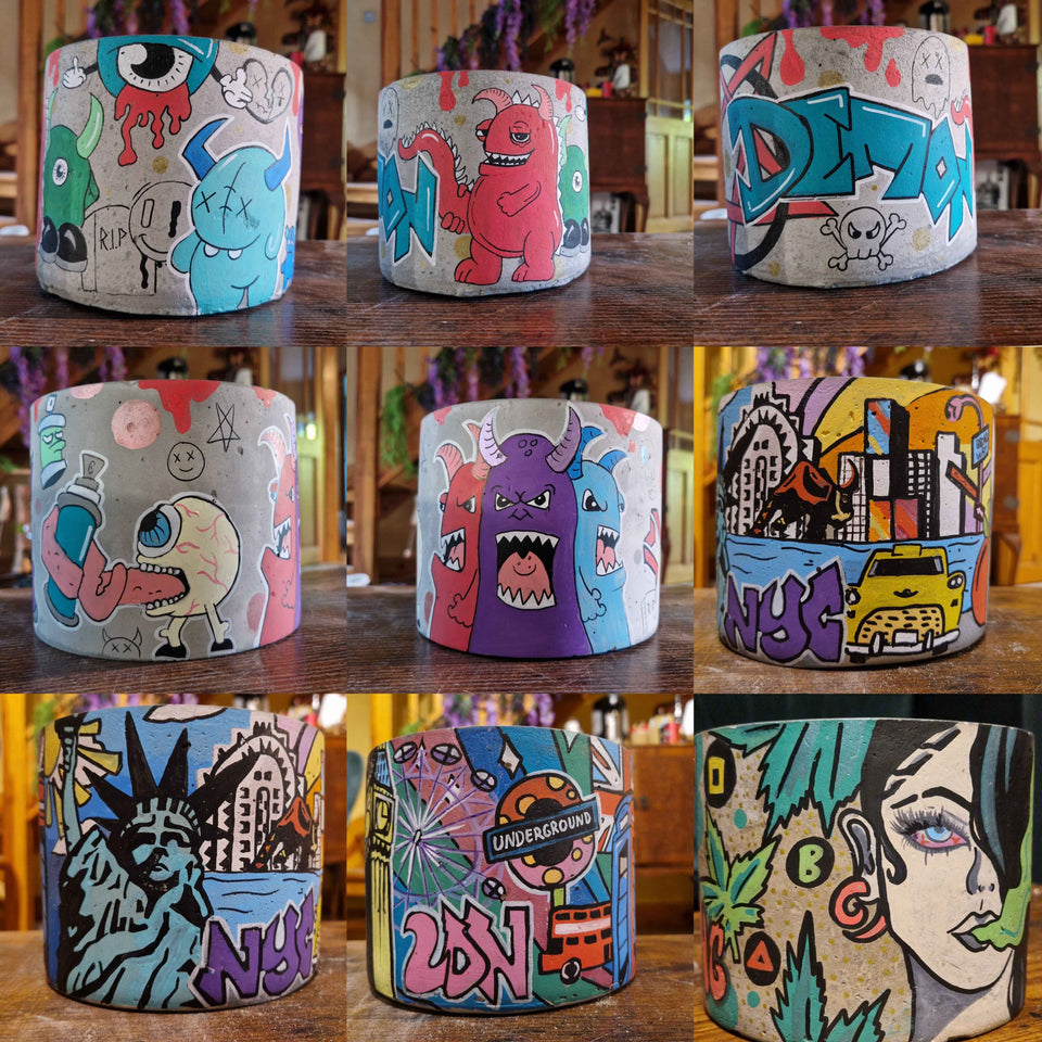Statement Graffiti Planter - Unique Home Decor for Urban Aesthetics side profile showing texture