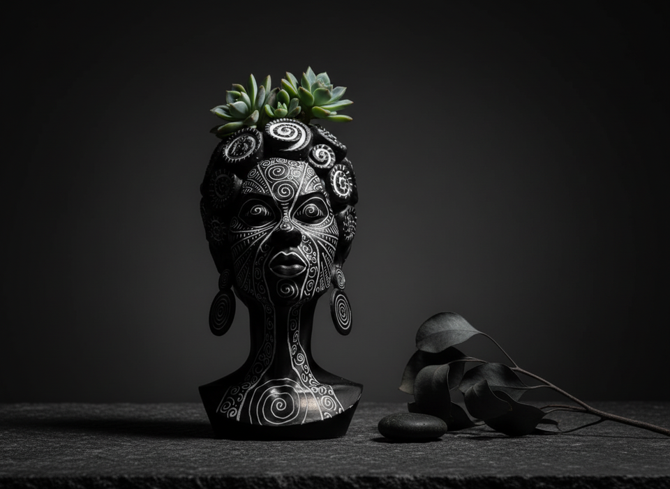 Spiral head planter with succulent and dried botanicals