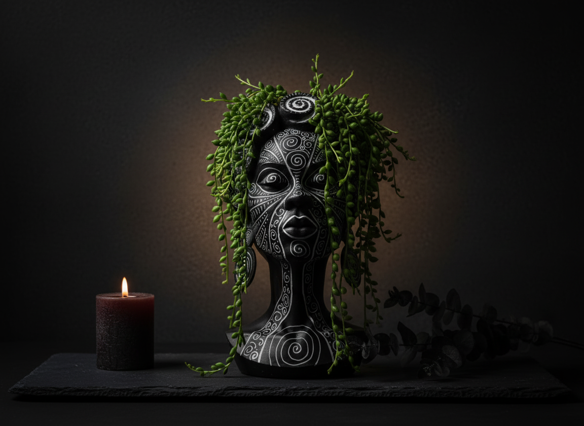 Mother of the Gyre planter with trailing greenery dramatic backlight