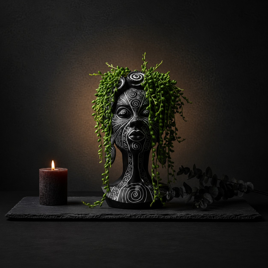 Spiral face plant pot with trailing greenery