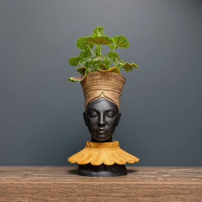 African Head Planter Gold | Black Woman Bust Art Pot