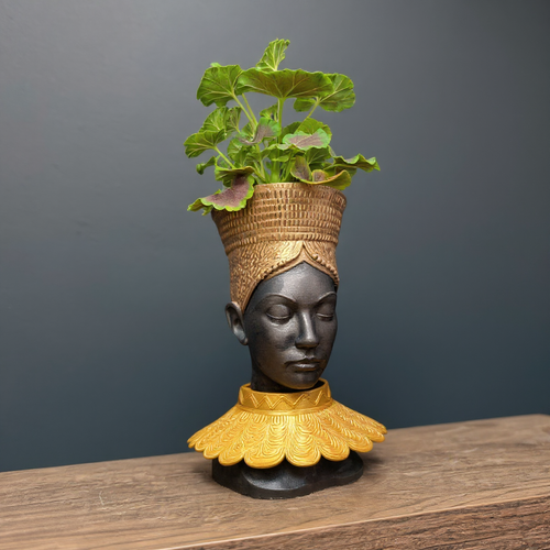 African Head Planter Gold | Black Woman Bust Art Pot