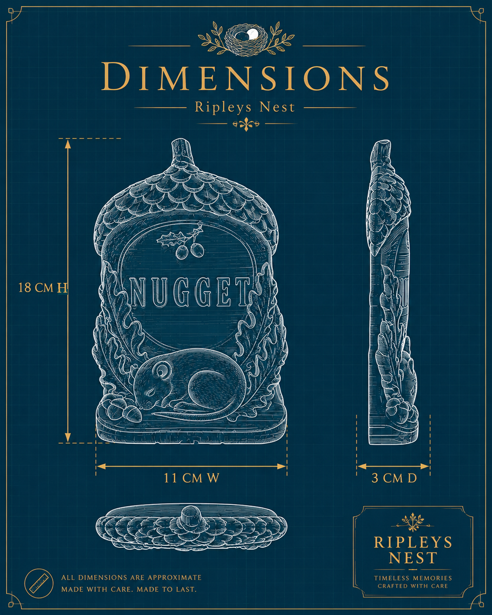 Dimensions diagram for personalised acorn grave marker showing 18 cm high, 11 cm wide and 3 cm deep