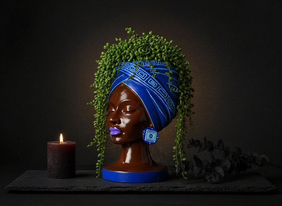 Adire Night cast stone head planter by Ripleys Nest