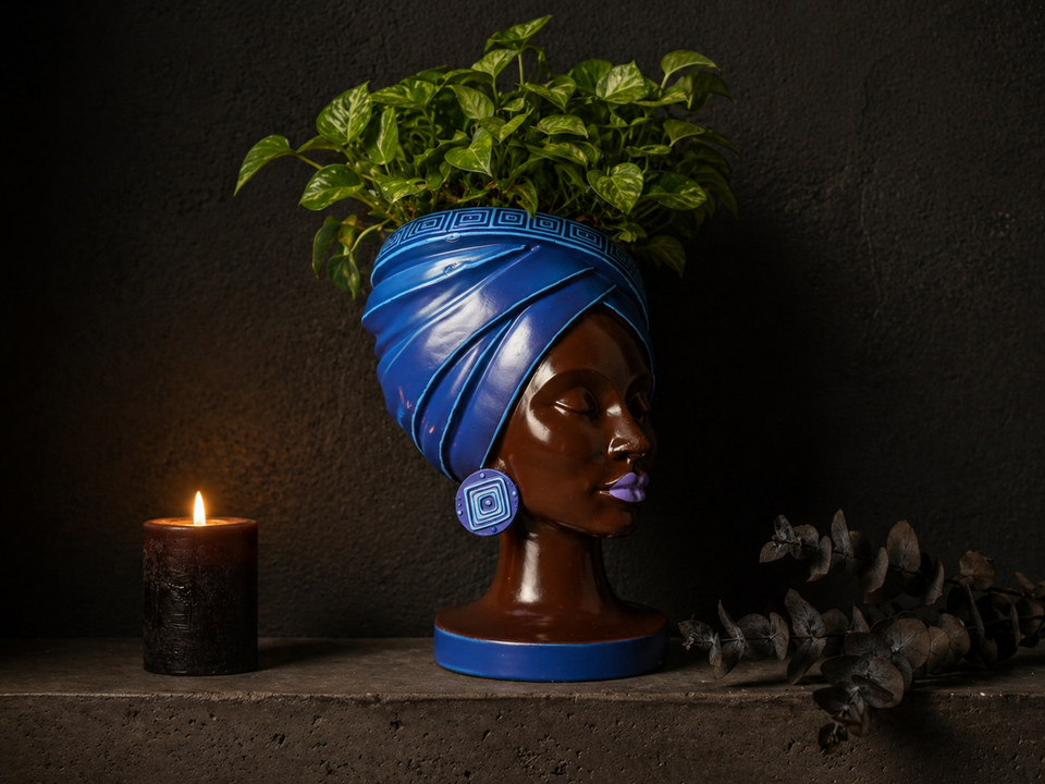 Adire Night cast stone head planter by Ripleys Nest