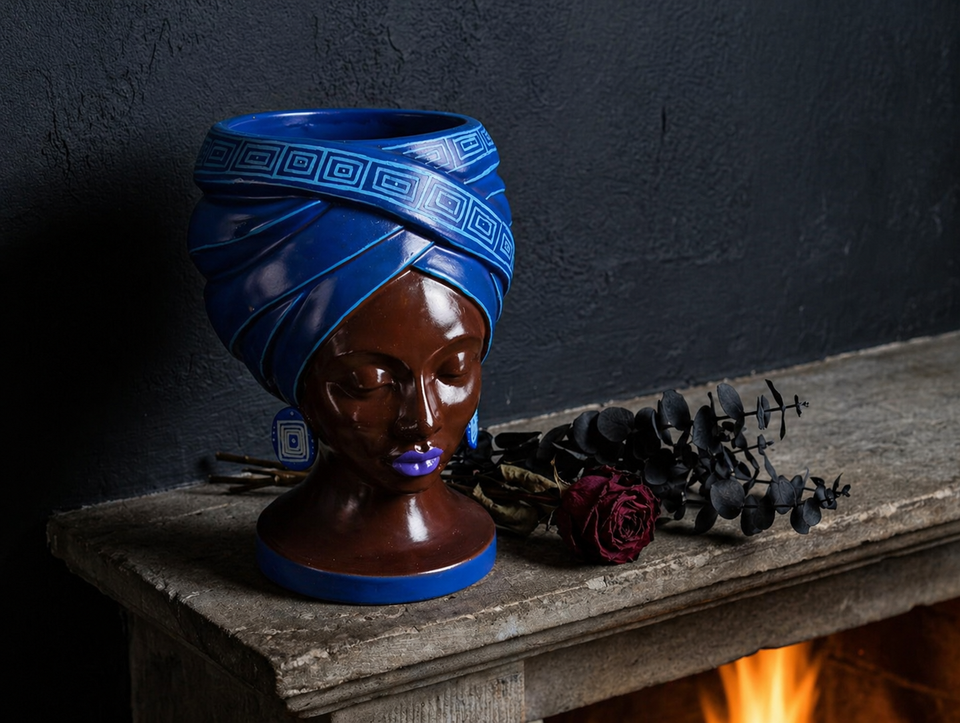 Adire Night cast stone head planter by Ripleys Nest
