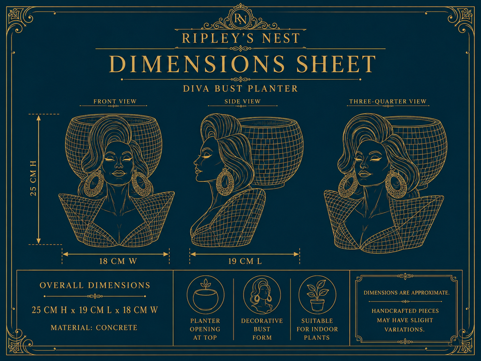 Dimension sheet for Mother Mirrorball showing 25 cm high by 19 cm long by 18 cm deep