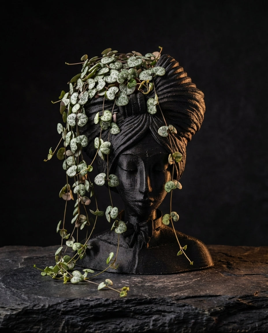 Black woman head planter with string of hearts