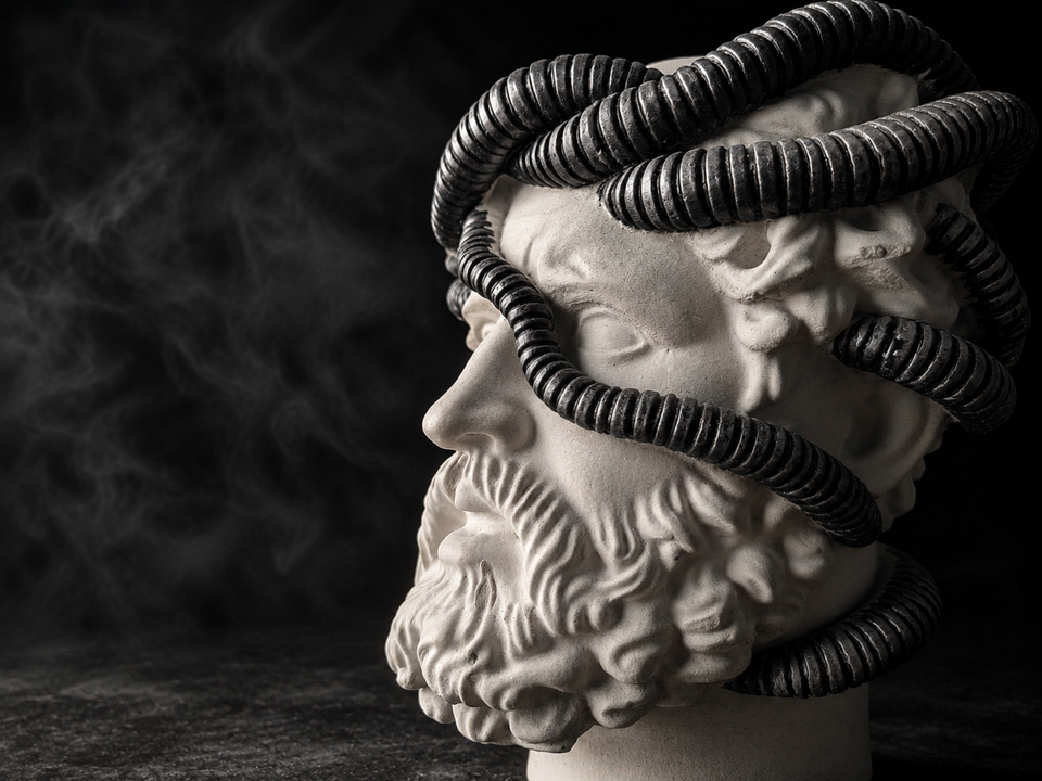 Close detail of Aristotle.exe face and dark biomechanical cable detail