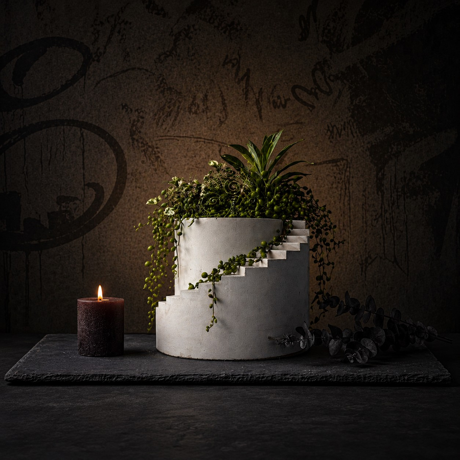 Stairwell cast stone planter with trailing planted arrangement