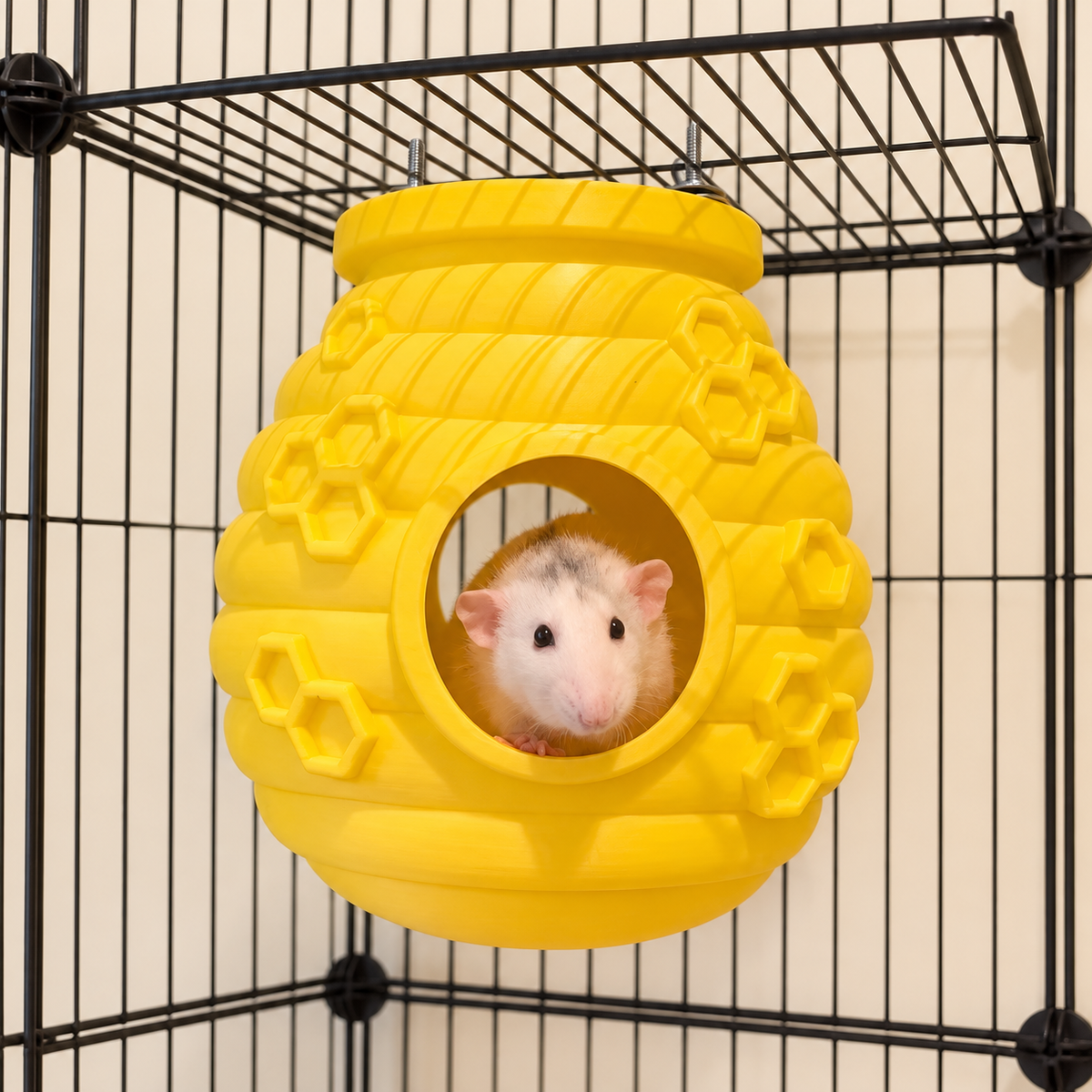 Pale rat looking forward from the round entrance of a yellow beehive hide mounted beneath cage-roof bars.