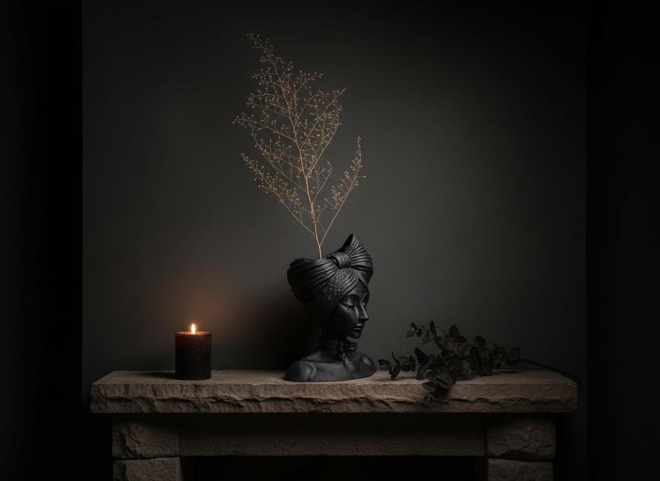 Sculptural black head planter on mantelpiece