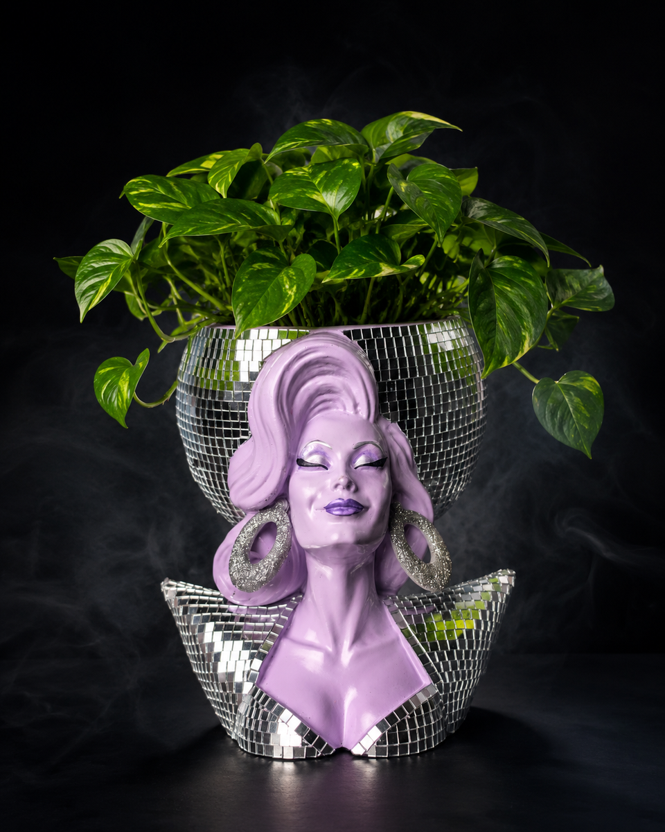 Rear view of Mother Mirrorball showing the round mirrorball planter bowl