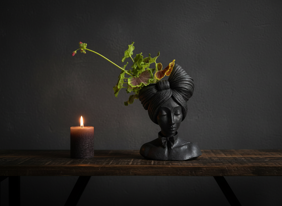 Matte black head planter on console table
